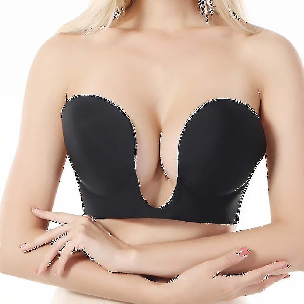 Mylight U Plunge Strapless Sticky Push Up Bra Backless Adhesive Invisible Magic Bra For Women Black D