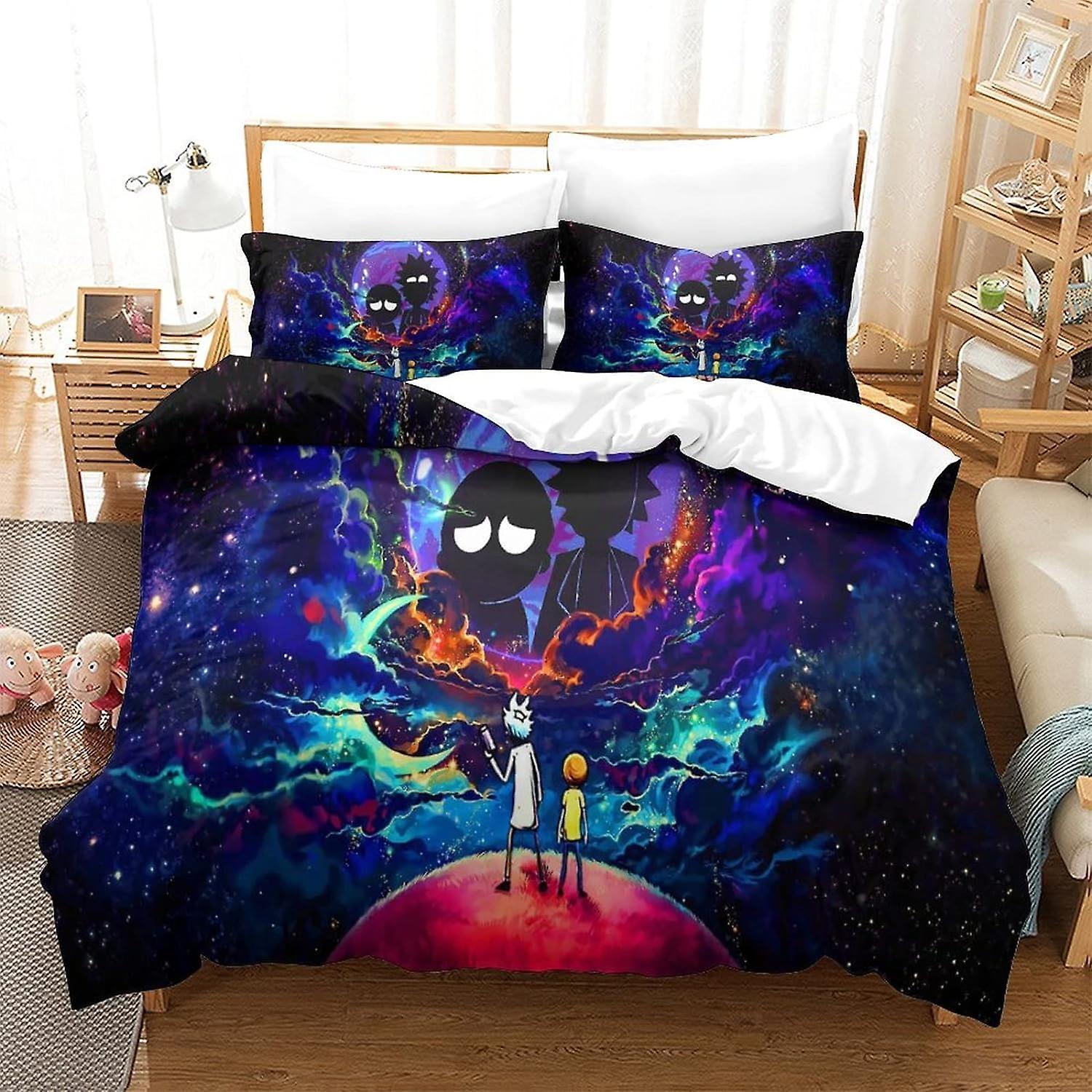 Kerota Rick and Morty D Printed Duvet Cover with Pillowcases Bedding Set with Zipper Sim Microfiber Quilt Cover King220x240cm