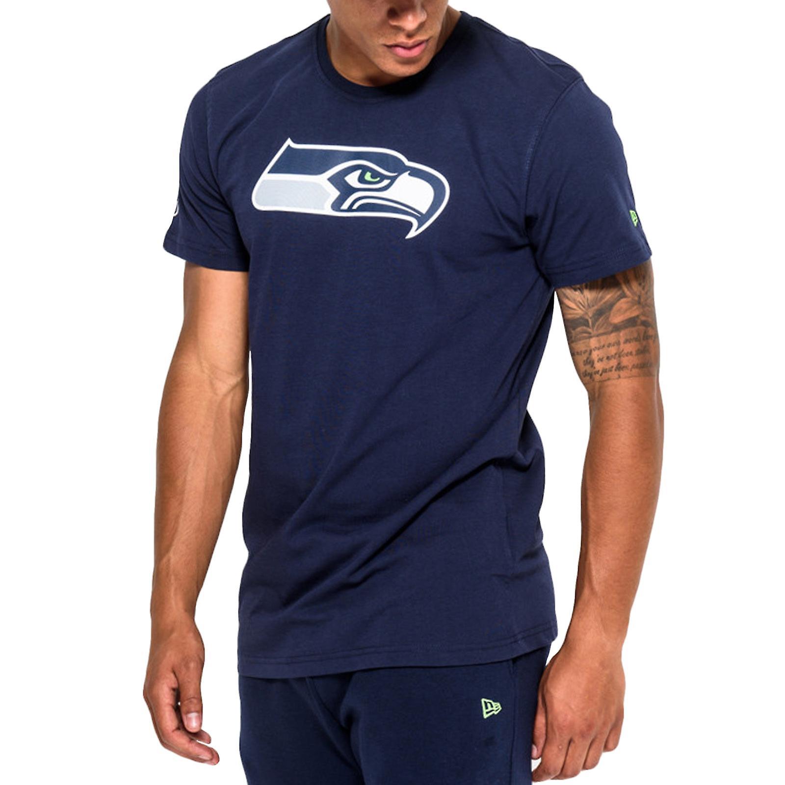 New Era Seattle Seahawks Team Logo NFL Football Crew Neck T-Shirt Tee Top - Navy S