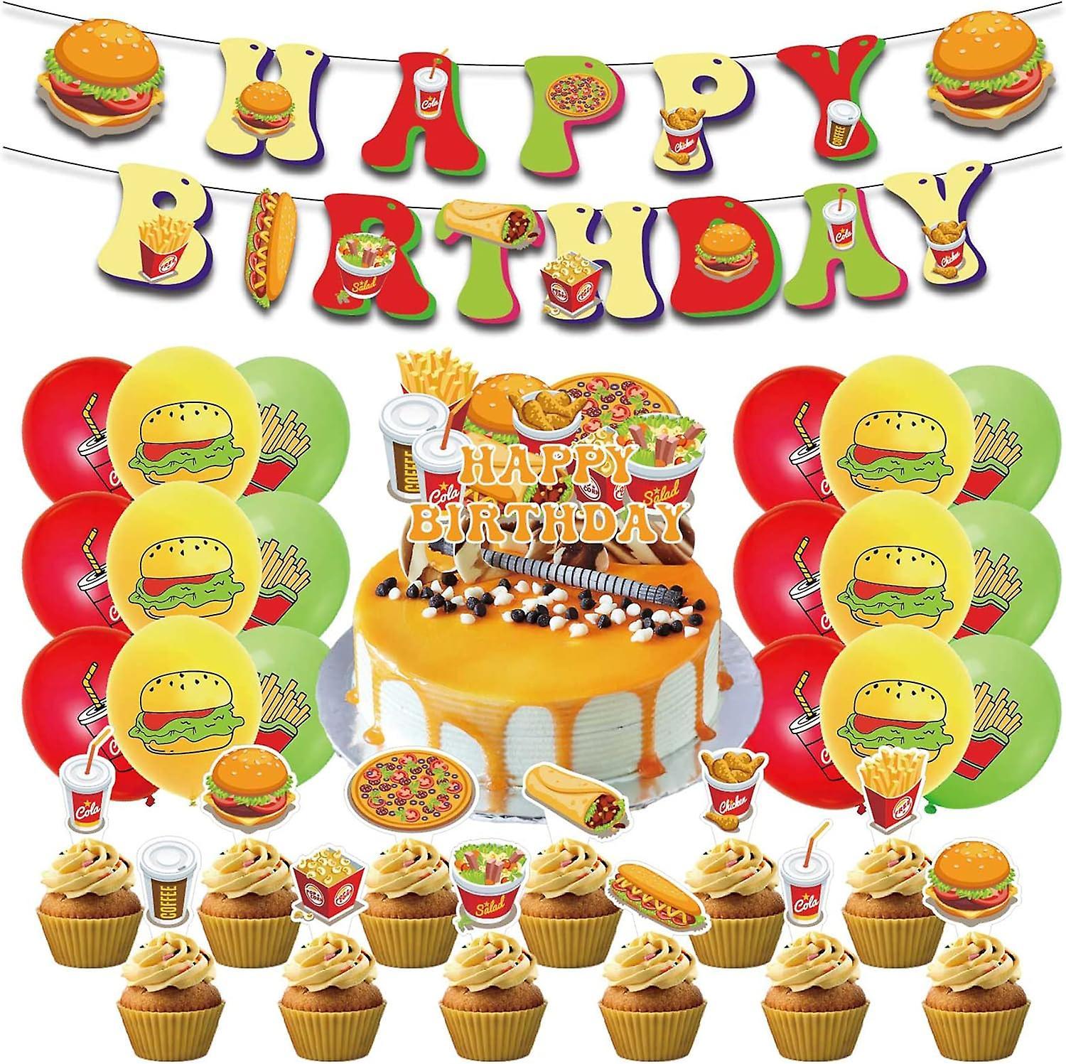 Heyone Fast Food Birthday Party Decorations Pizza Party Supplies Including Burger Happy Birthday Banner Coke Balloon French Fries Cake Coffee Cup C...