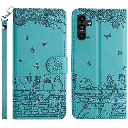 Mycase For Samsung Galaxy S24 Cat Embossing Pattern Leather Phone Case With Lanyard Blue