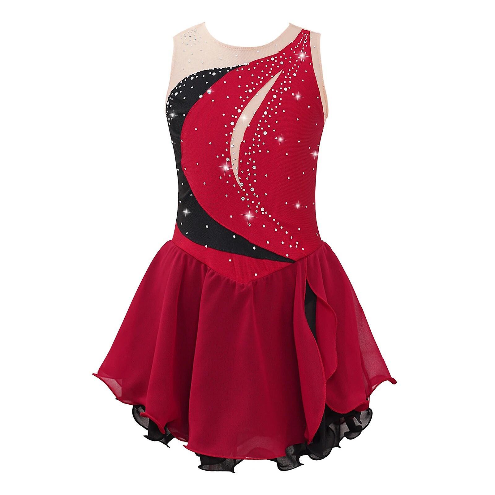 Aionyaaa Girl's Ballet Gymnastics Dance Leotard Dress Sleeveless Rhinestone Patchwork Ice Skating Costume Kids Figure Skating Dress 10 Burgundy