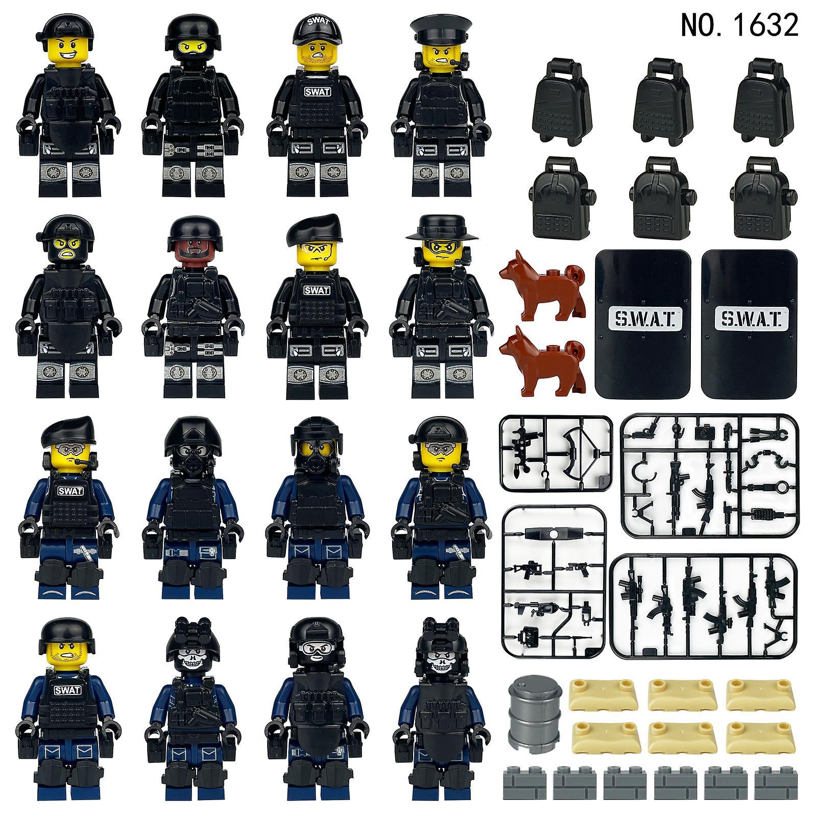 Sfygv Blue Swat Black Minifigure 1632 Anti-terrorist Military Model Doll Children's Assembled Building Blocks Toy Weapons 1632-1