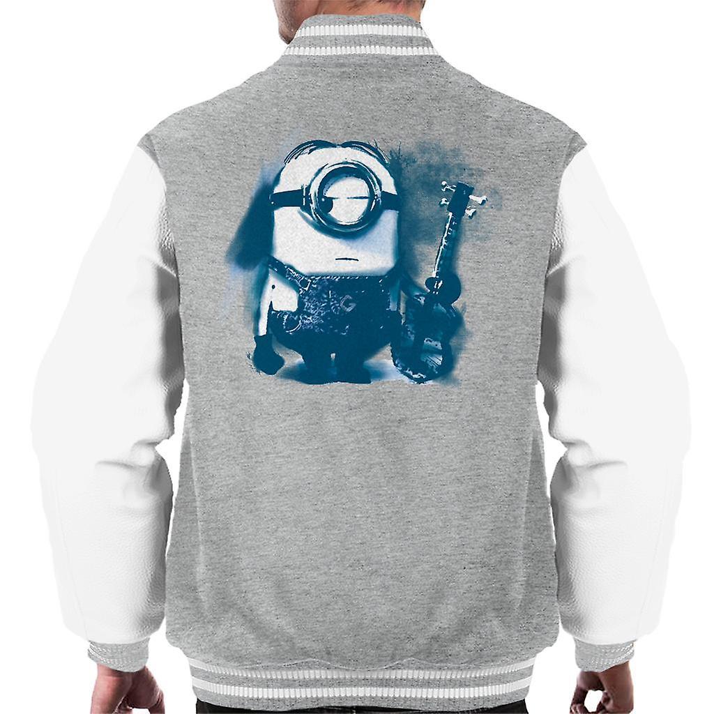 Despicable Me Stuart The Minion Guitar Art Men's Varsity Jacket Heather Grey/White Medium