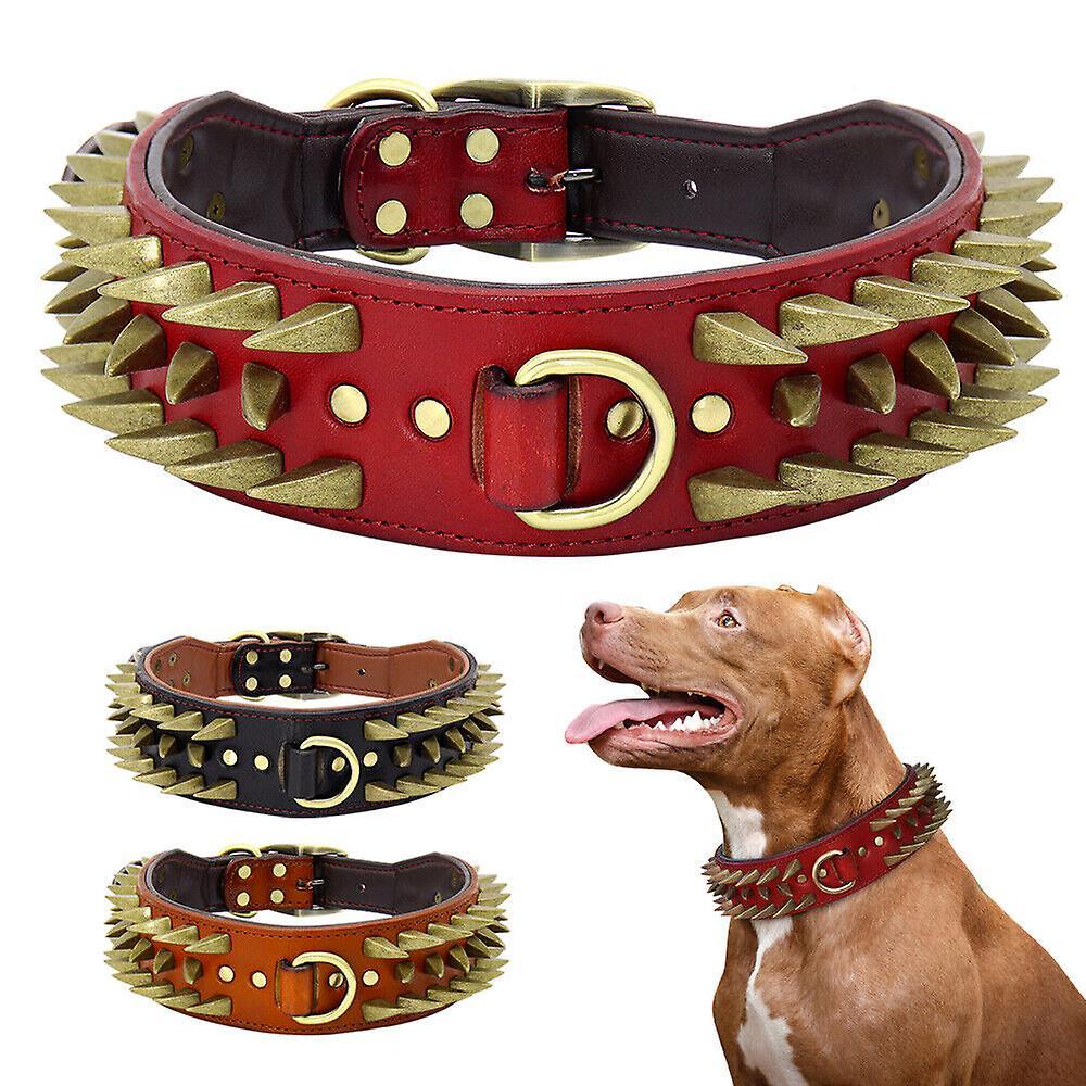 Didog 5.5cm Wide Leather Spiked Large Dog Collars Heavy Duty for Pitbull Boxer Red XL:Neck 55-65cm