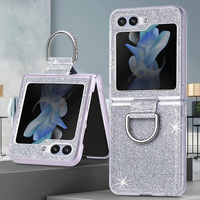 Ofocase Galaxy Z Flip 5 5g Case With Ring, Glitter Crystal Bling Sparkly Leather With Slim Fit Hard Pc Bumper Protective Cases Cover silver