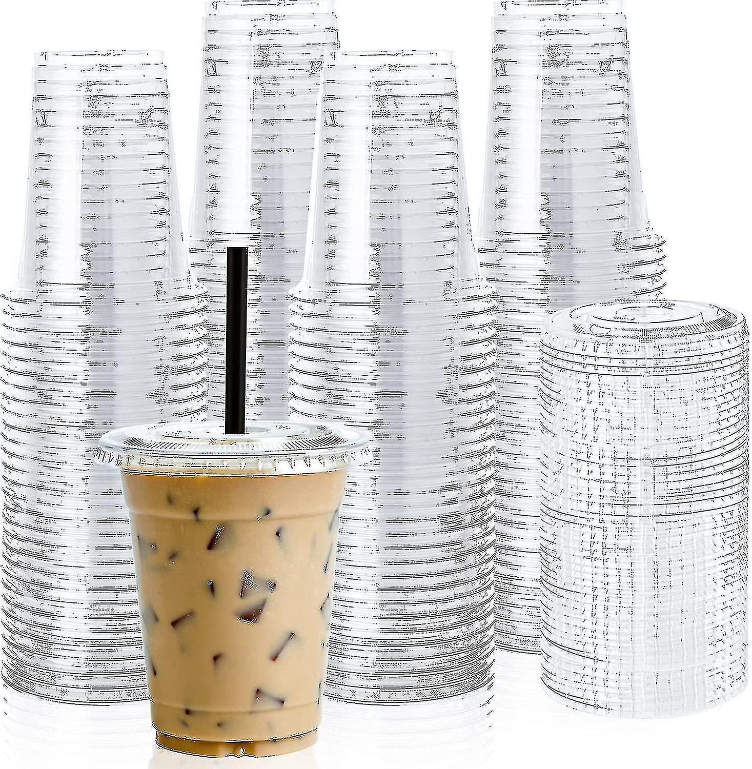 Joyy [100 Sets] 12oz Clear Plastic Cups With Flat Lids, Disposable Drinking Cups, 12 Oz Plastic Cups For Ice Coffee, Smoothie, Slurpee, Or Any Cold..