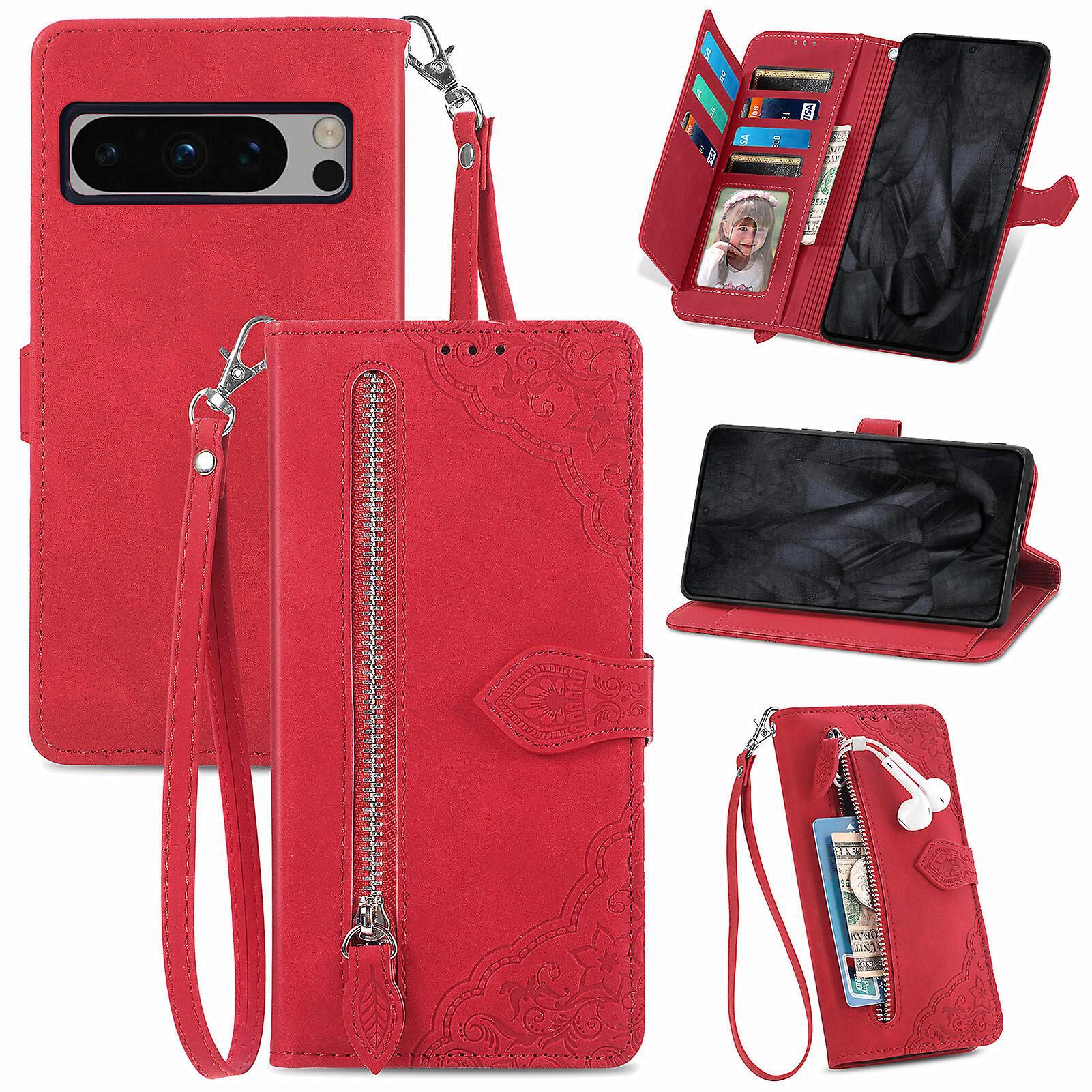 Foxdock Compatible With Google Pixel 8 Pro Wallet Case With Strap Card Holder Pu Leather Handbag Zipper Purse Cover Red