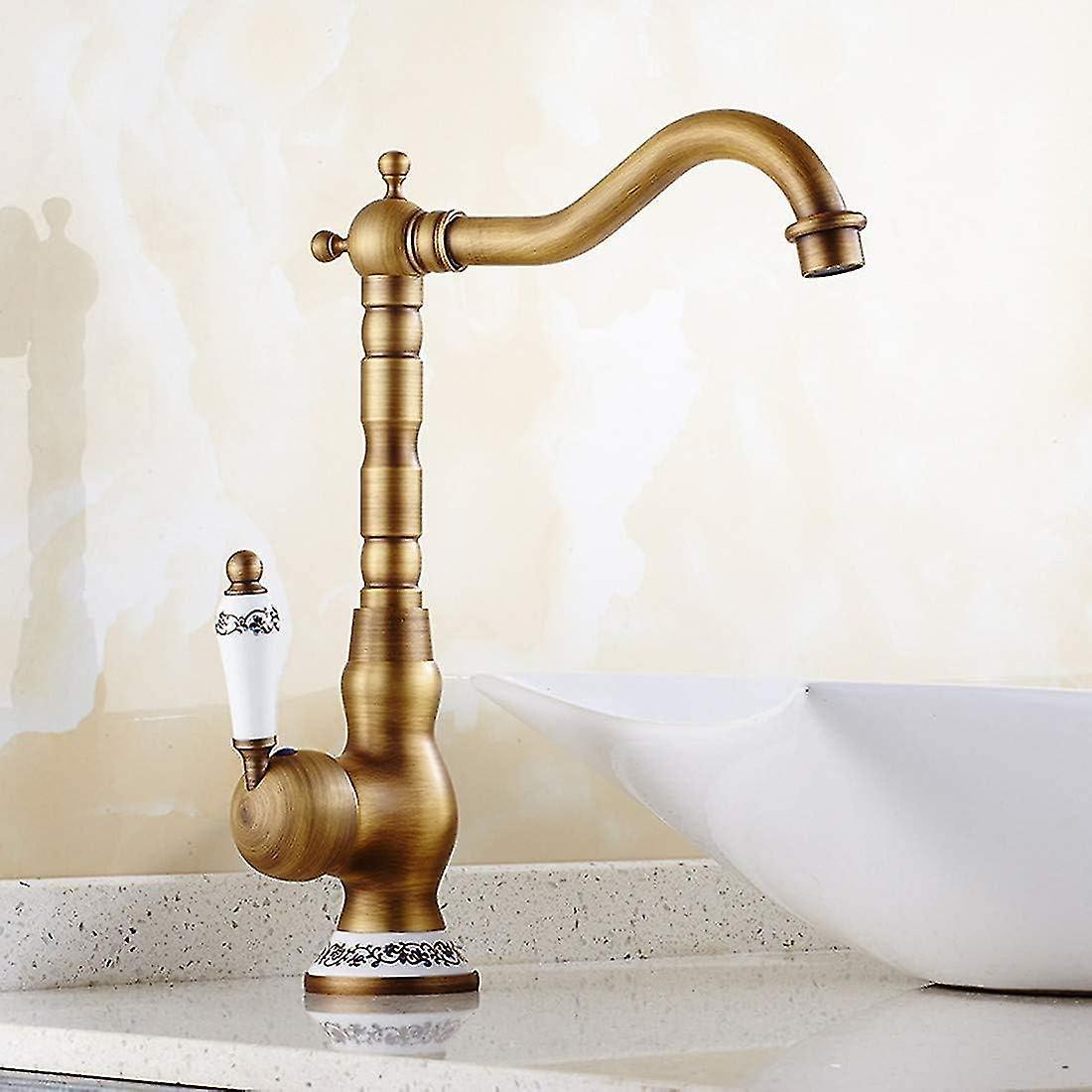 Xixi Retro Basin Faucet Single Handle Basin Faucet Bathroom Faucet,ceramic Handle Bathroom Basin Faucet Kitchen Sink Faucetantique Brass, High)