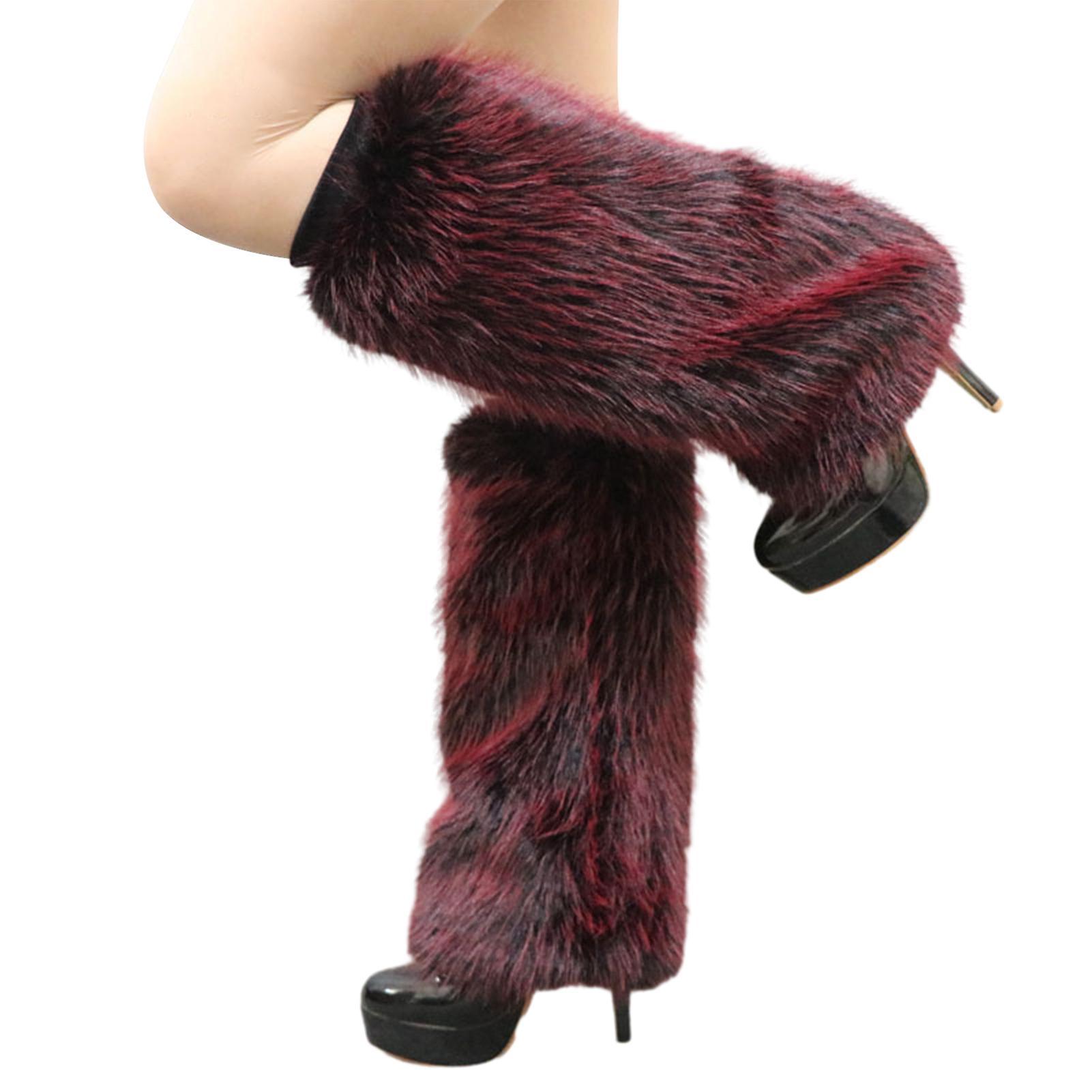 Yirepny 1 Pair Women Imitation Fox Fur Leg Warmers Solid Color Elastic Furry Boot Covers Knee-length Long Socks Fashion Accessories Wine Red 40cm