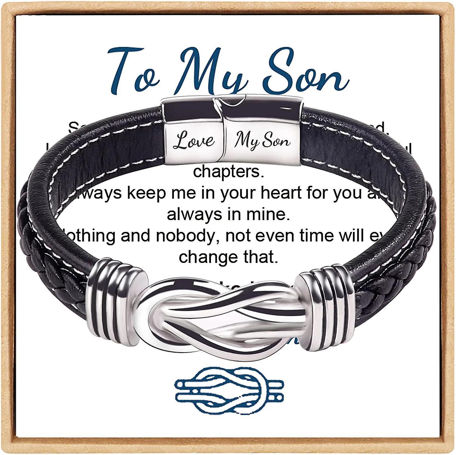 Morakot To My Son Bracelet, Forever Linked Together Braided Leather Bracelet, Stainless Steel Magnetic Closure Leather Knot Cuff Wristband, Back To...