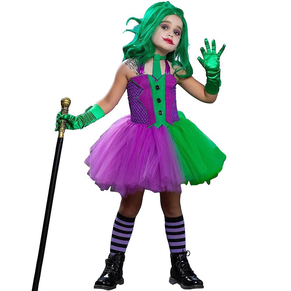 Waytogo Halloween Kids Children Girl Joker Dress Sleeveless Cosplay Costume Fancy Green Dress Clothes With Gloves 4-5Y