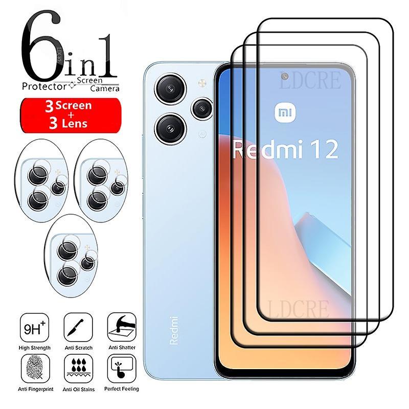 Jusch 6-in-1 For Xiaomi Redmi 12 Glass Redmi 12 Tempered Glass Protective Full Cover Glue 9H HD Screen Protector Redmi 12 Lens Glass