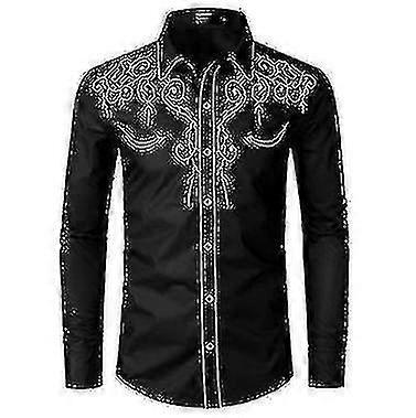 Generic Mens Western Cowboy Shirt Embroidered Long Sleeve Casual Slim Fit Button Down Shirt black L