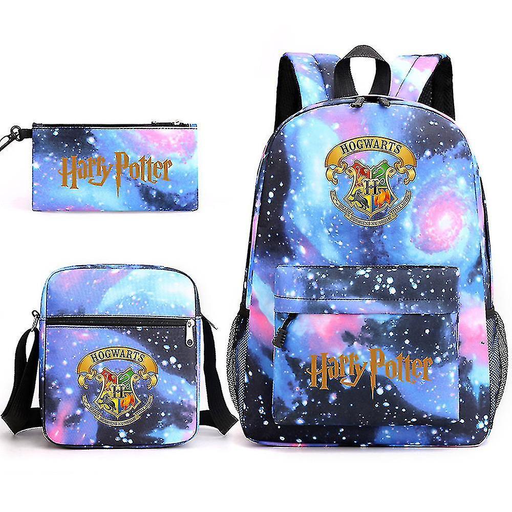 DUqi Children's Harry Potter Three-piece School Bag Printed Large Capacity Outdoor Backpack#1 star blue