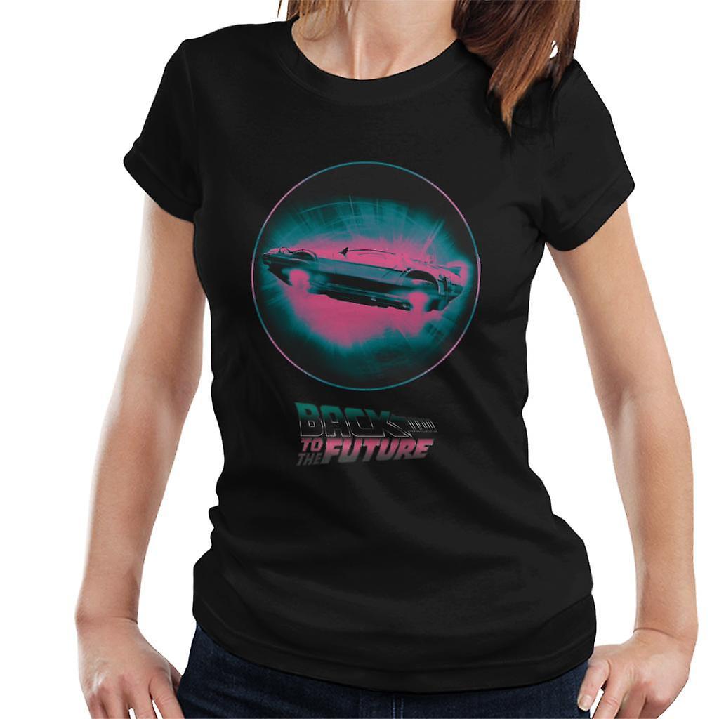 Back to the Future Delorean Flying Pink Haze Women's T-Shirt Black Medium