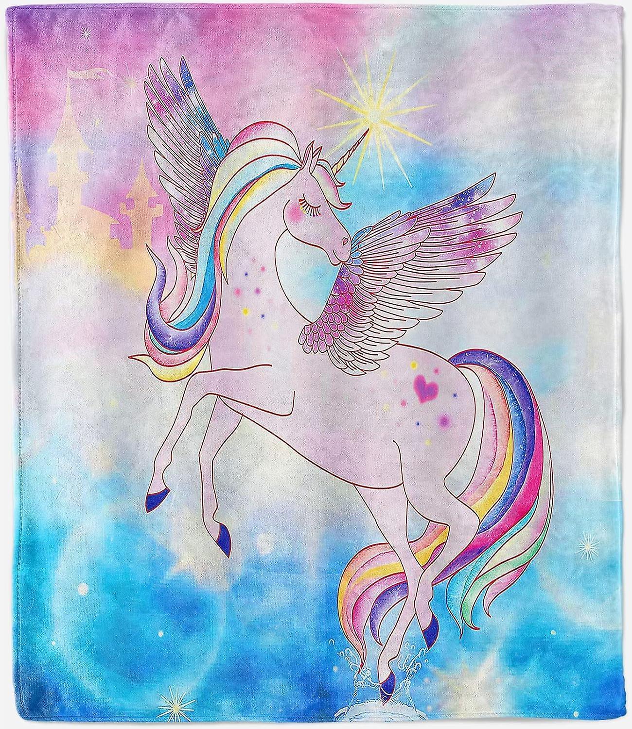 Kerota Unicorn Throw Blanket Soft Lightweight Flannel Fleece Blanket with Rainbow Unicorn Castle Print Pattern for Couch Sofa Bed Travel All Season...