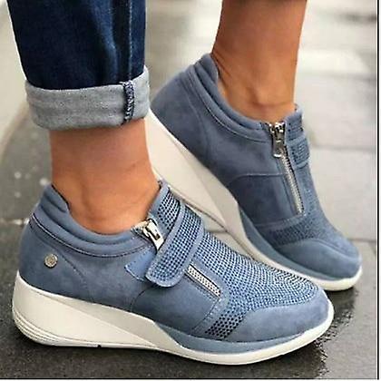 TribalSensation Women Wedge Flat Zipper Lace Up Comfortable Sneakers Lake Blue 39