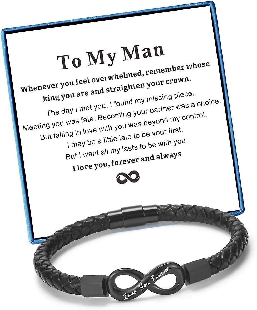 Morakot To My Man Bracelet for Boyfriend Husband Mens Infinity Leather Bracelets Valentine Birthday Fathers Day Christmas Gifts for Him Black 8.5 inch