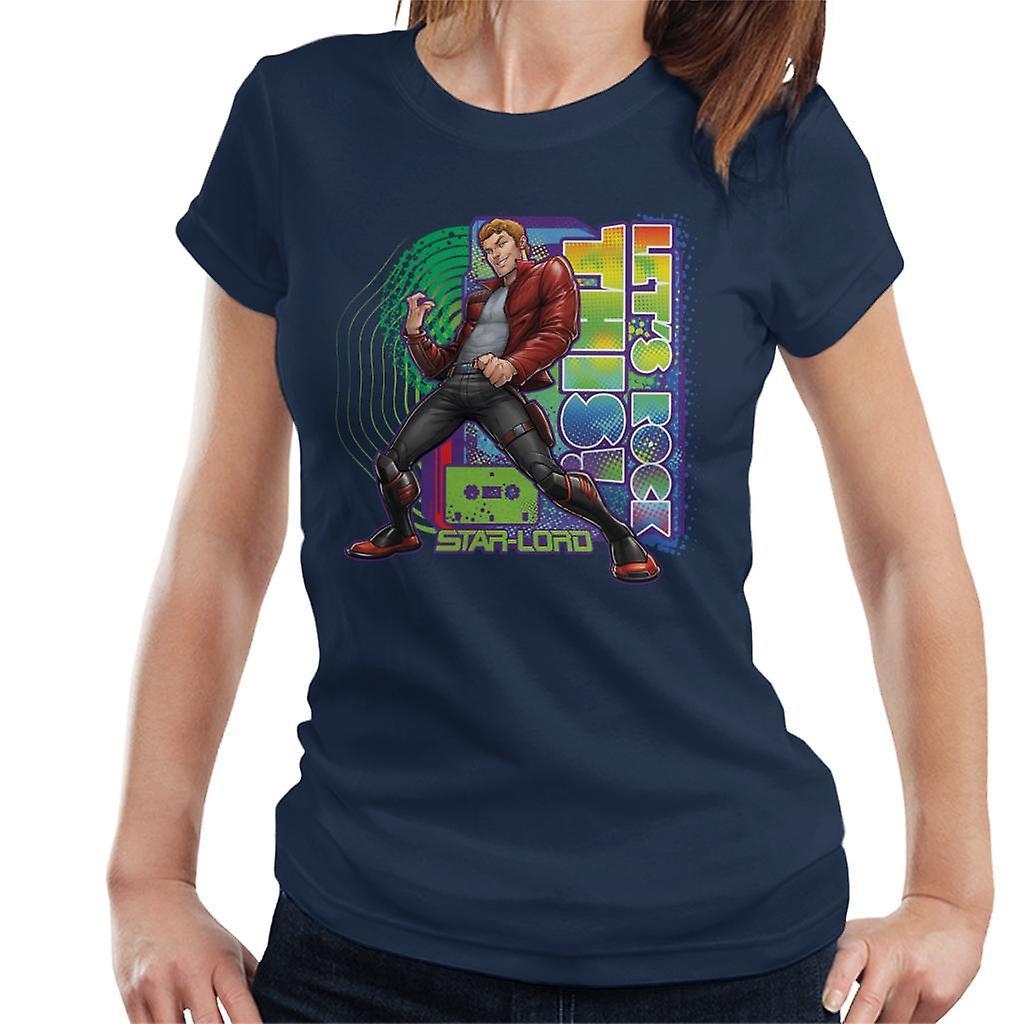 Marvel Guardians Of The Galaxy Star Lord Lets Rock This Women's T-Shirt Navy Blue Small