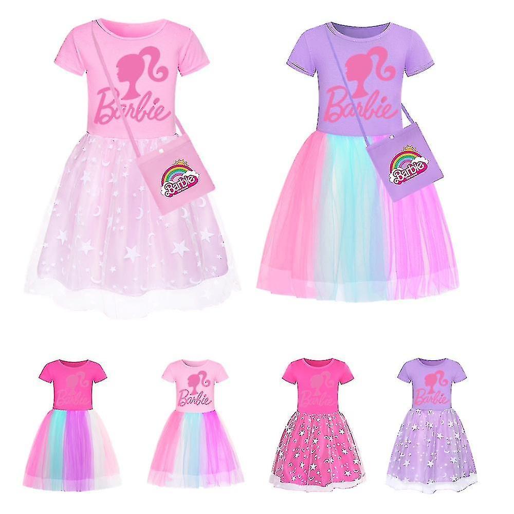 Zhenv Barbie-pink Girls' Dress Kids Barbie Dress Star Rainbow Lace Skirt And Crossbody Bag Set A 120