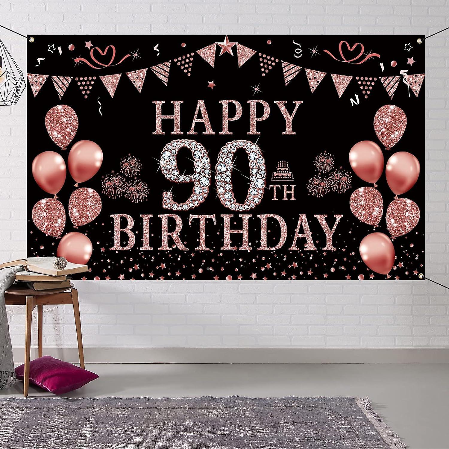 Gugu 90th Birthday Decoration Rose Gold 90th Female Birthday Background Banner 90th Happy Birthday Party Supporting Photography Supplies Background