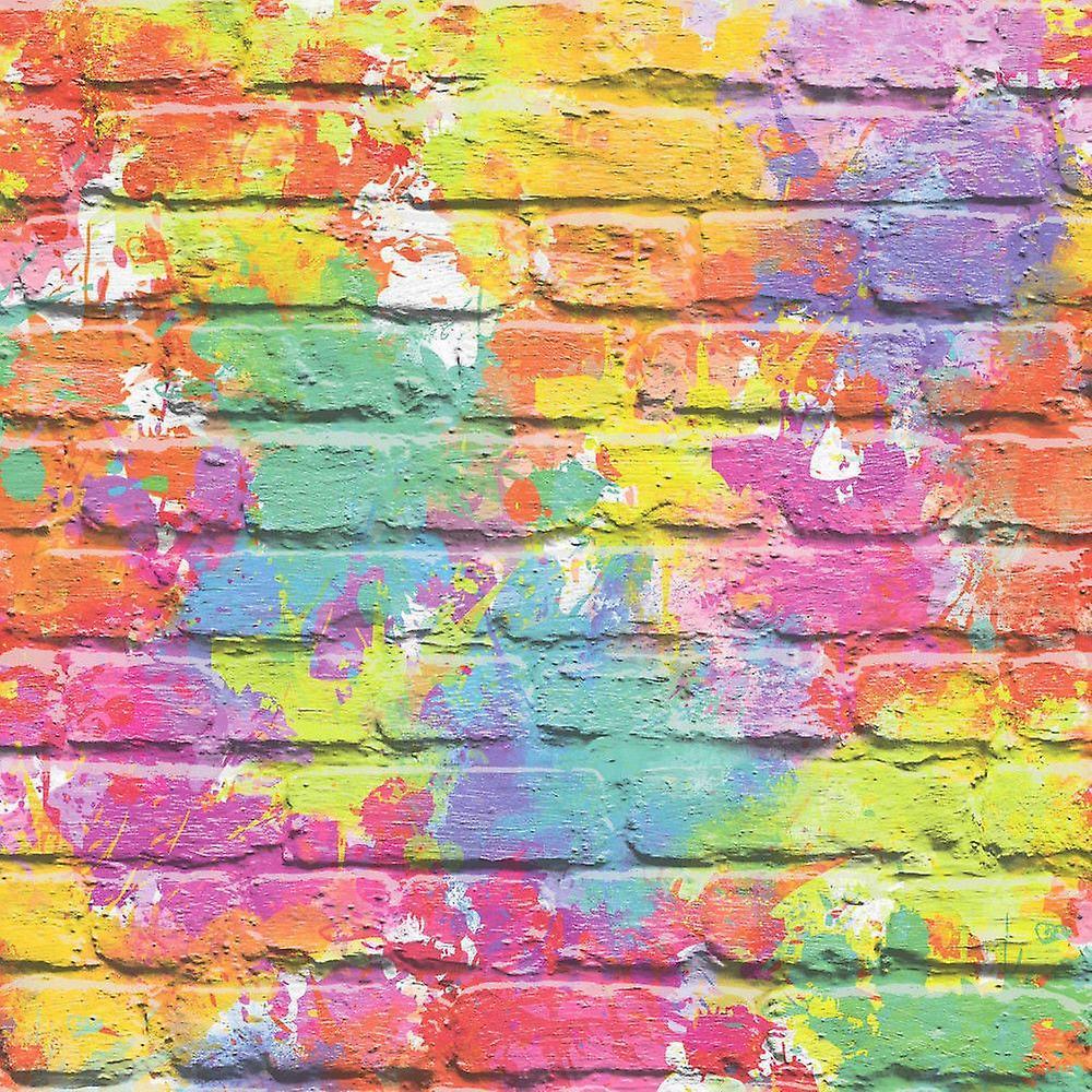 YöL 3D Brick Effect Wallpaper Multicoloured Paint Splash Slates Stone Rustic Painted