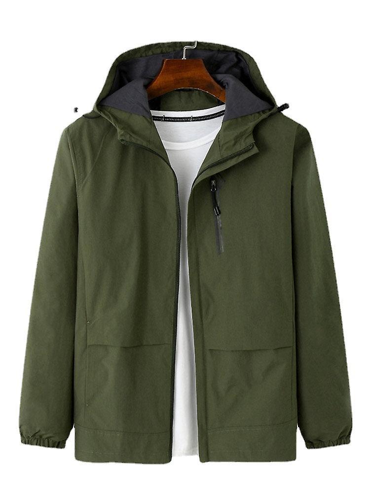 Ebox Men solid color drawstring front zip hooded long sleeve casual coats Army green Xl