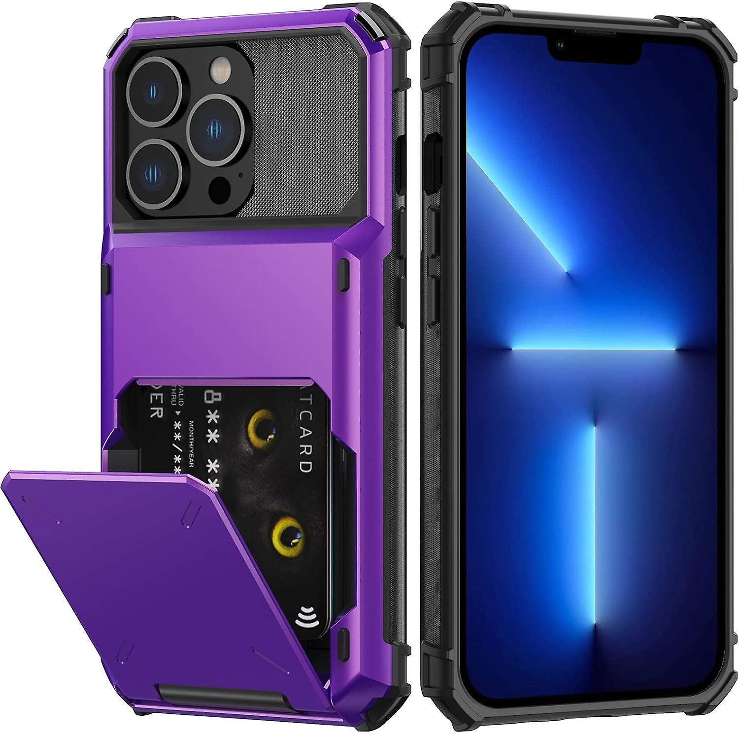 Baiccf Iphone 13 Pro Max Case With Card Holder[store 5 Cards] Dual Layer Heavy Duty Shockproof Wallet Case With Hidden Card Slot Storage Case(purple)