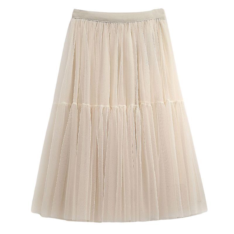 Kissqiqi Women's Midi Tulle Skirt, Elastic High Waist Mesh Midi Skirt Beige