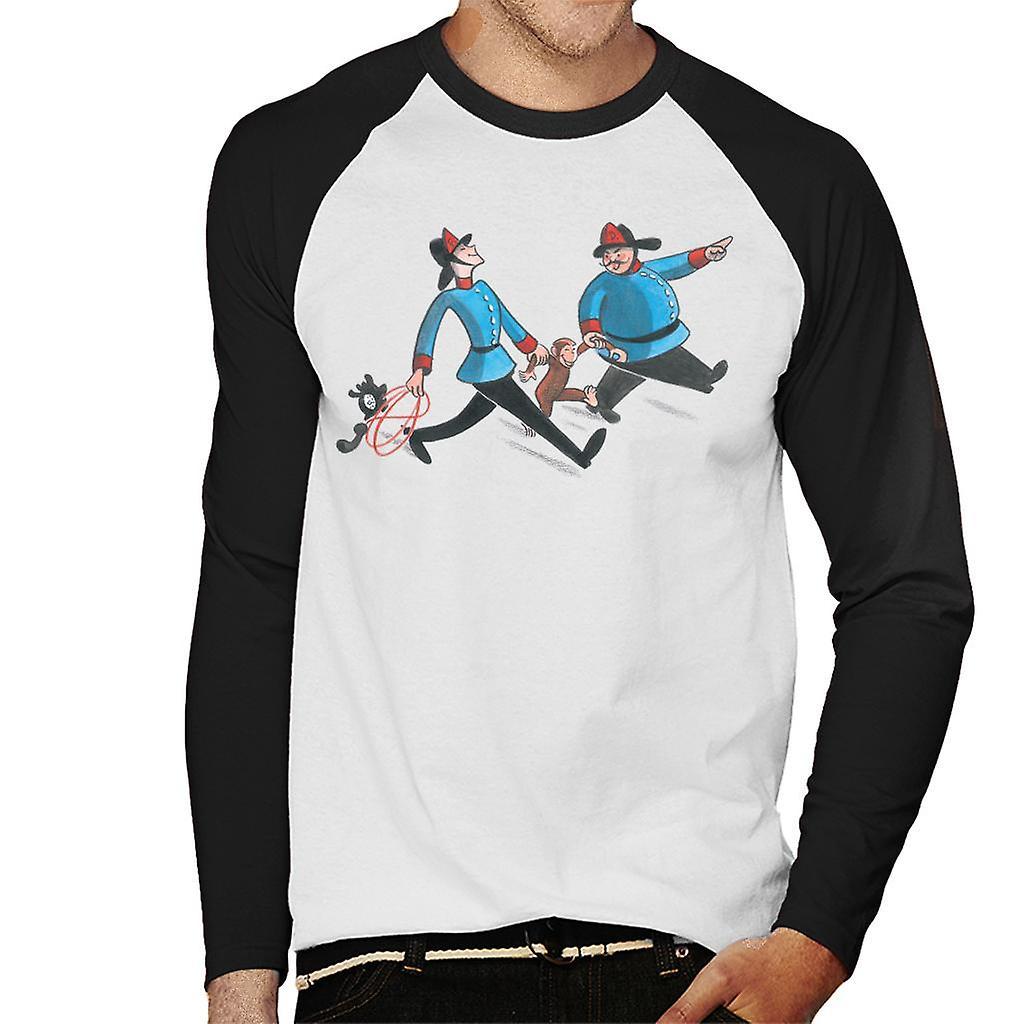 Curious George Fire Department Men's Baseball Long Sleeved T-Shirt White/Black Small