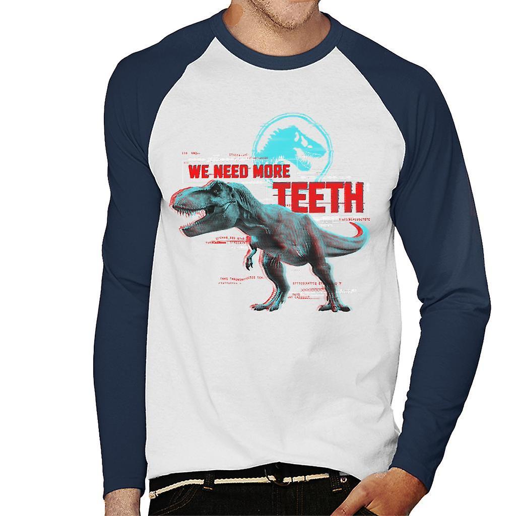 Jurassic Park T Rex We Need More Teeth Men's Baseball Long Sleeved T-Shirt White/Navy Small