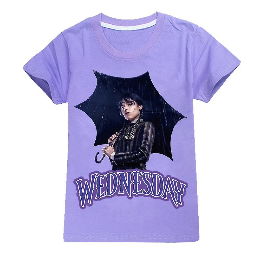 Shakub Wednesday Addams Print Kids Girls T-shirt Summer Casual Short Sleeve Crew Neck Tee Tops Purple 9-10Y