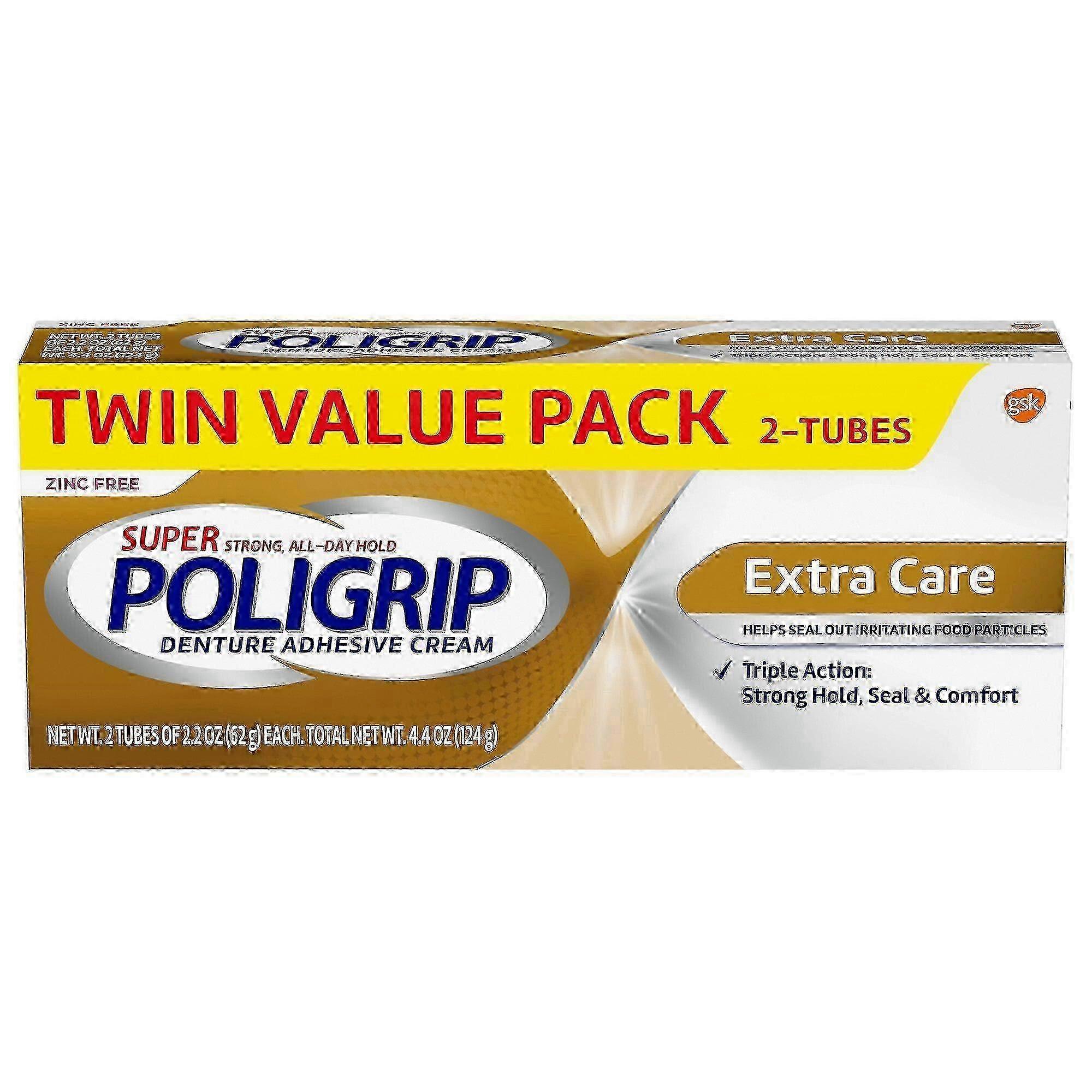 Poligrip extra care zinc free denture and partials adhesive cream twin pack, 2.2 oz