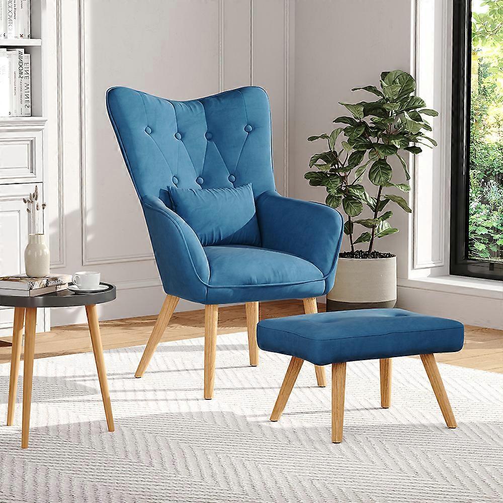 Living And Home Velvet Wingback Lounge Armchair with Footstool Blue