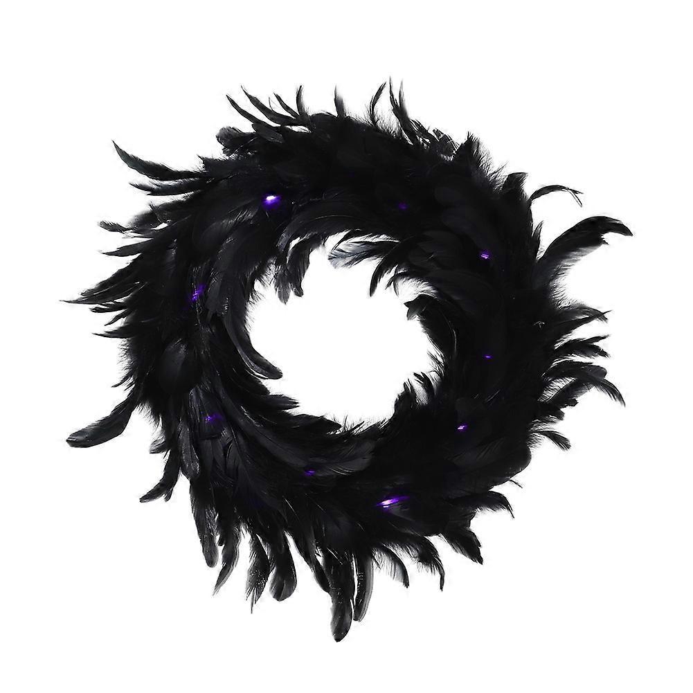 Living And Home 40cm Black Feather Wreath with Lights for Halloween