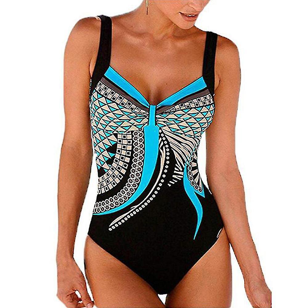 LINCMAN Women Print Sexy One-piece Swimsuit Summer Beach Padded Monokini Bodysuit Swimwear Bathing Suit Blue XL