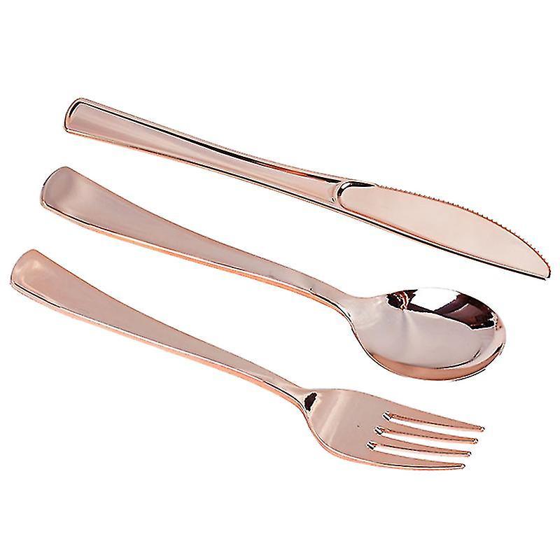 Xrelv 18pcs Rose Gold Plastic Disposable Tableware Dessert Knives Forks Spoon Wedding Birthday Party Decoration Supplies Cutlery Set gold forks