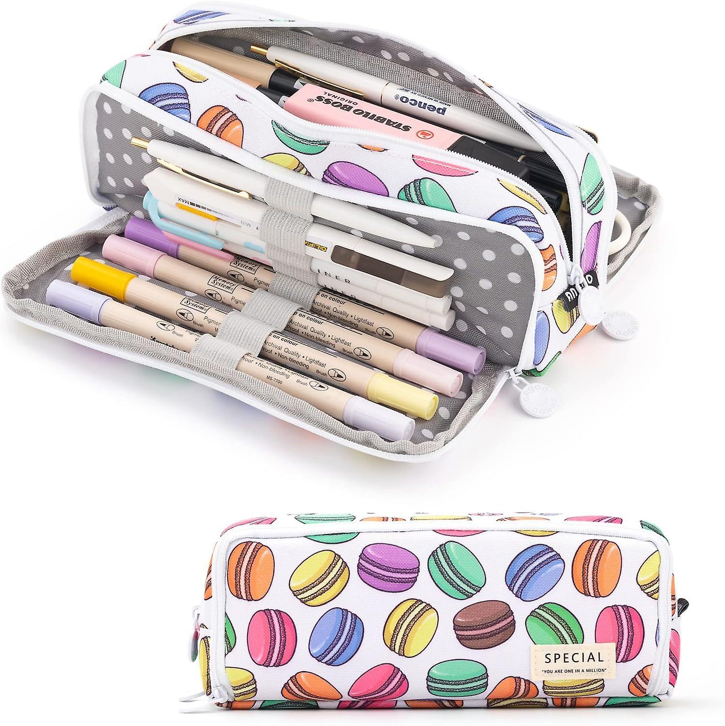 Baicccf Large Pencil Case Big Capacity 3 Compartments Canvas Pencil Pouch For Teen Boys Girls School Students (white Macaron)