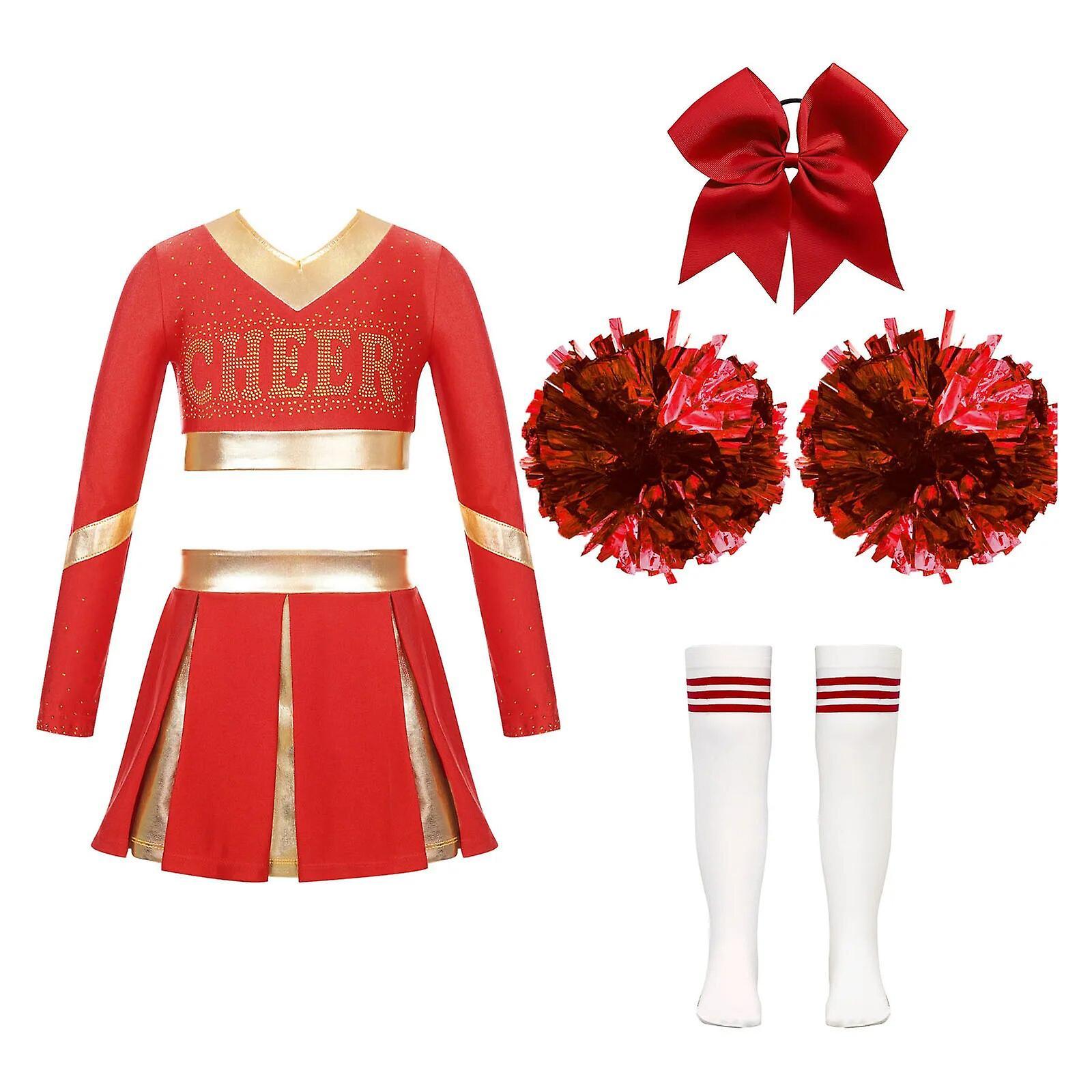 Aionyaaa Halloween Cosplay Kids School Girls Uniform Cheerleading Costumes Performance Set With Flower Balls For Cheer Dance Competition 8 A Red