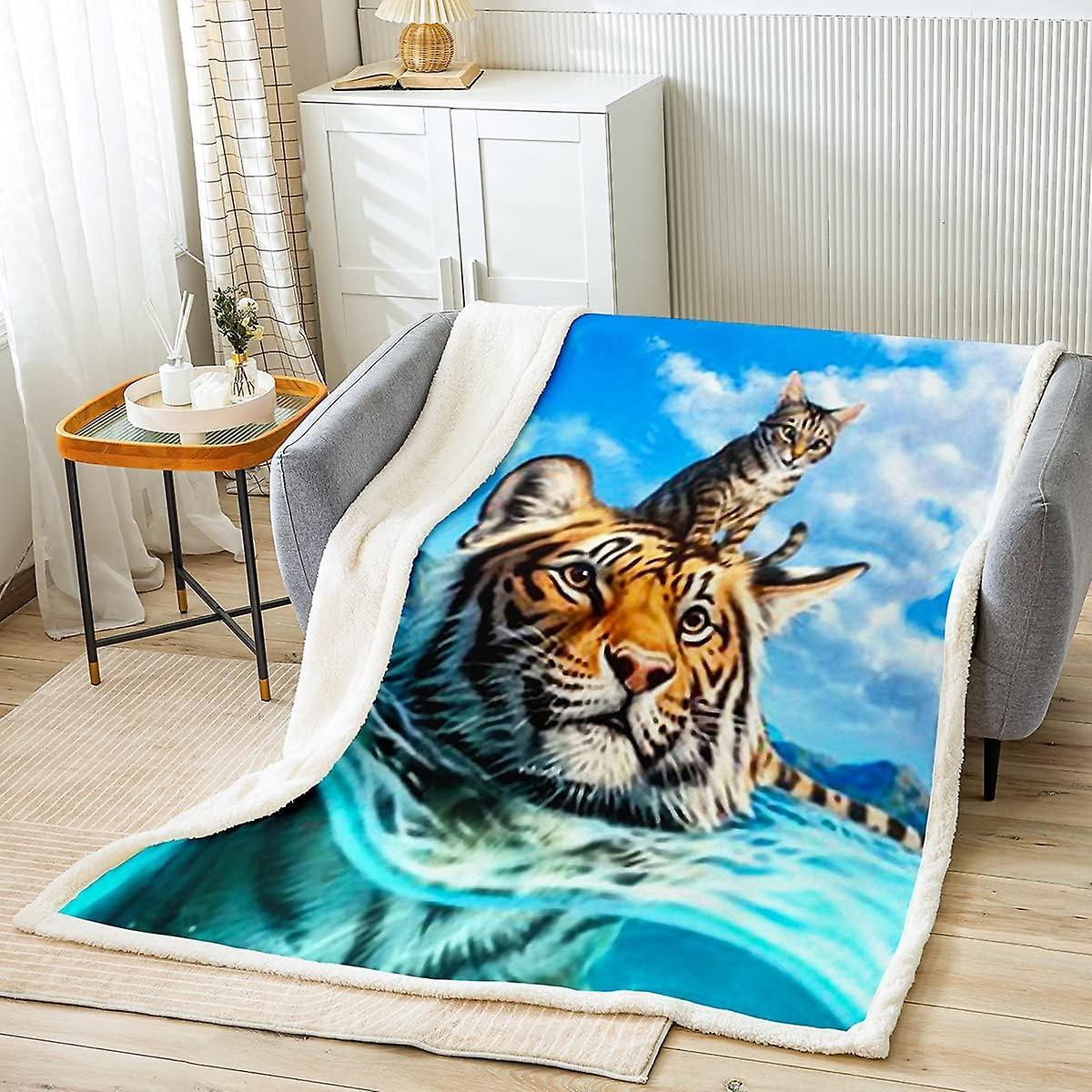 Kerota Tiger Sherpa Blanket Cute Cat Print Fleece Throw Blanket for Kids Boys Girls Ocean Wild Animal Plush Blanket Wildlife Style Blue Fuzzy Blank...