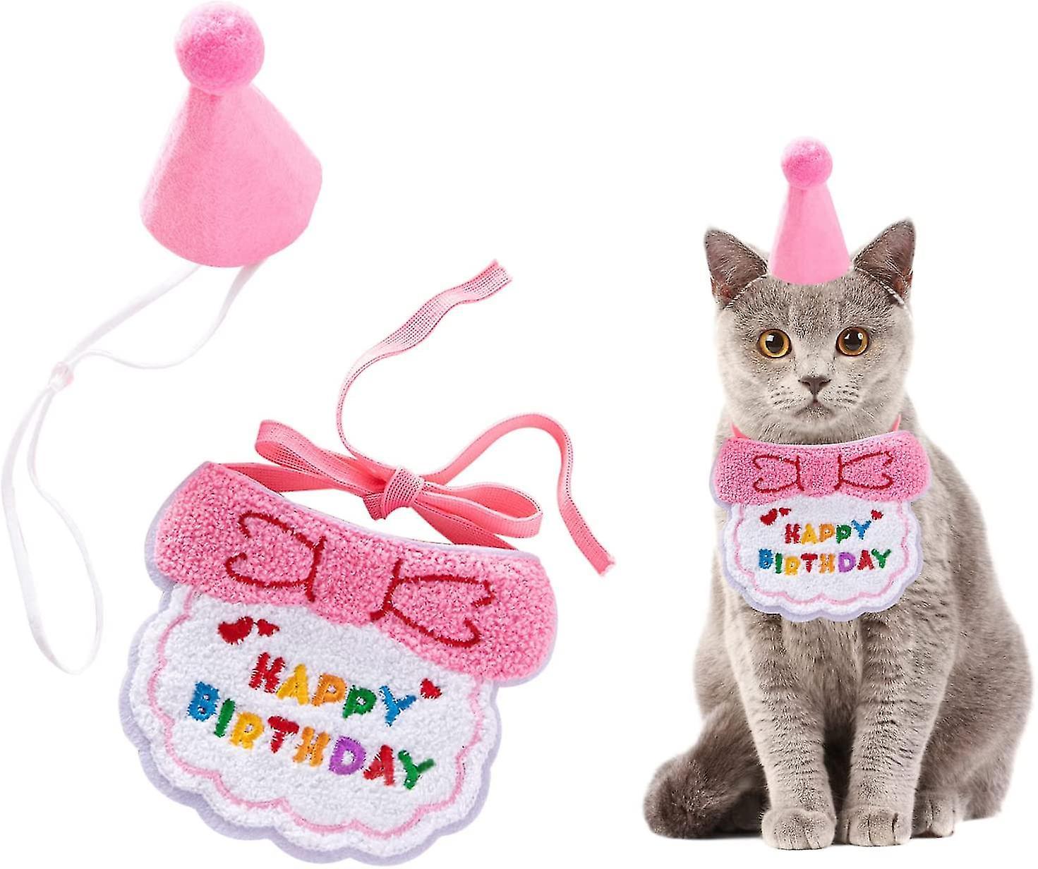 Tianzun Pet Cat Dog Happy Birthday Bib And Party Hat Mini Doggy Cat Birthday Bandana Scarfs Pet Birthday Outfit Pet Costumes Pink