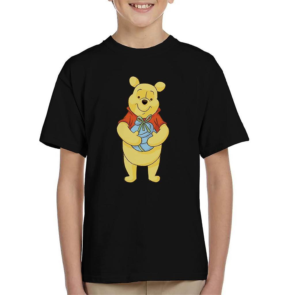 Disney Christmas Winnie The Pooh Holding Honey Pot Kid's T-Shirt Black Small (5-6 yrs)