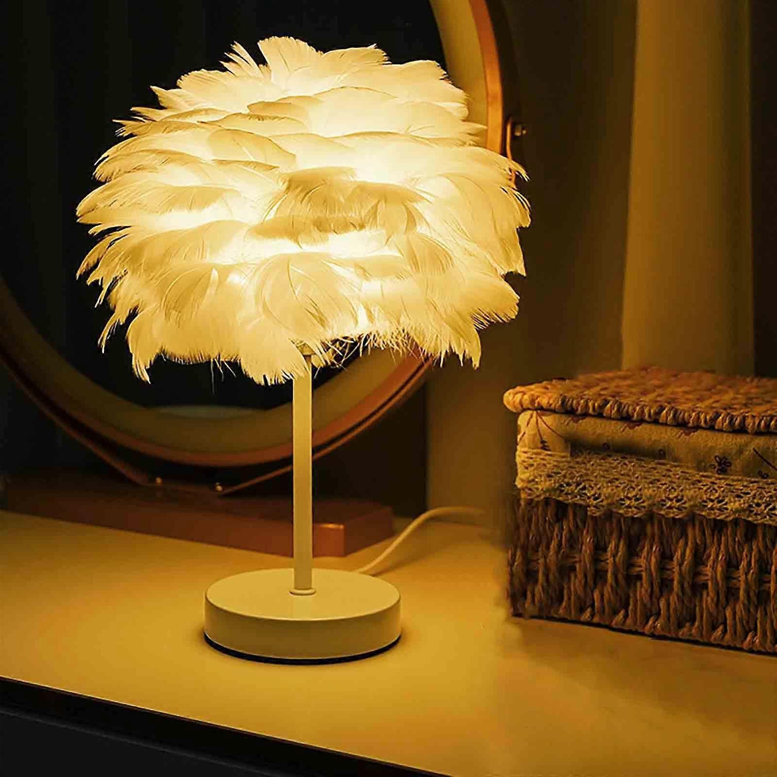 Flye White Feather Table Lamp  Bedside Lamp With Wooden Base  Feather Table Lamp  Desk Lampshade For Bedroom  Home Decoration 240796