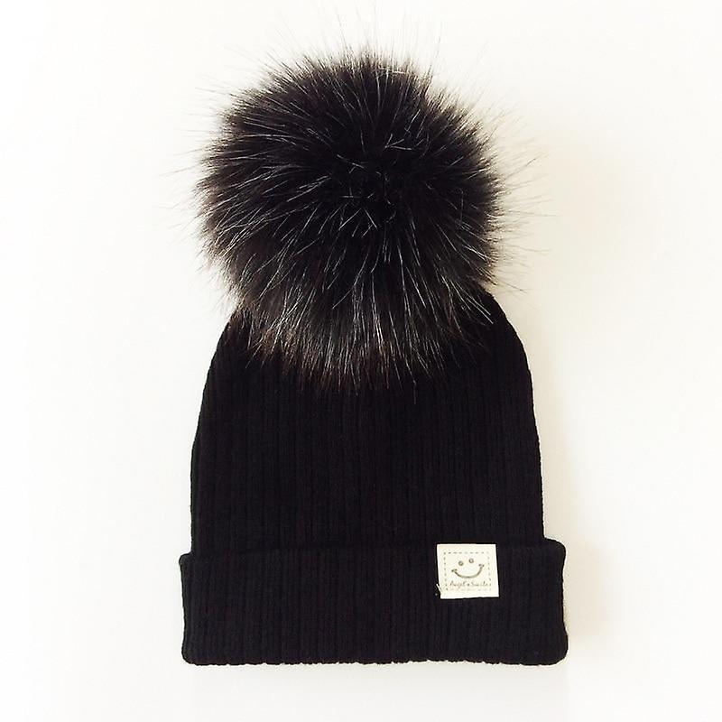 Slowmoose Winter Baby Artificial Pompom Knitted Hat, Toddler Kids Caps black-350852