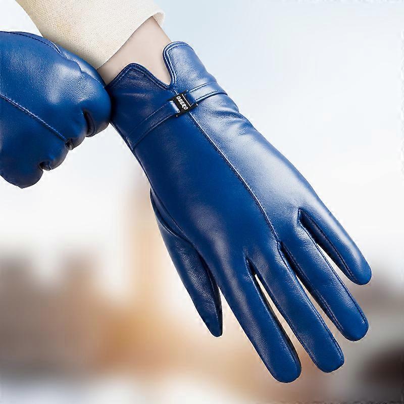 Ohpa Women's sheepskin gloves, touch screen, plush insulation, driving leather gloves Blue L