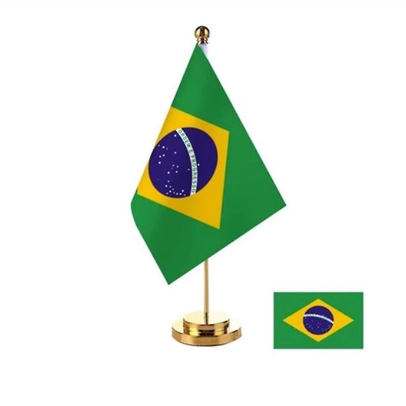 Scitoo 14x21cm Mini Flag Of Brazil Banner Meeting Boardroom Table Desk Stand Stainless Steel Pole The Brazilian Flag National Design Brazil Gold Color