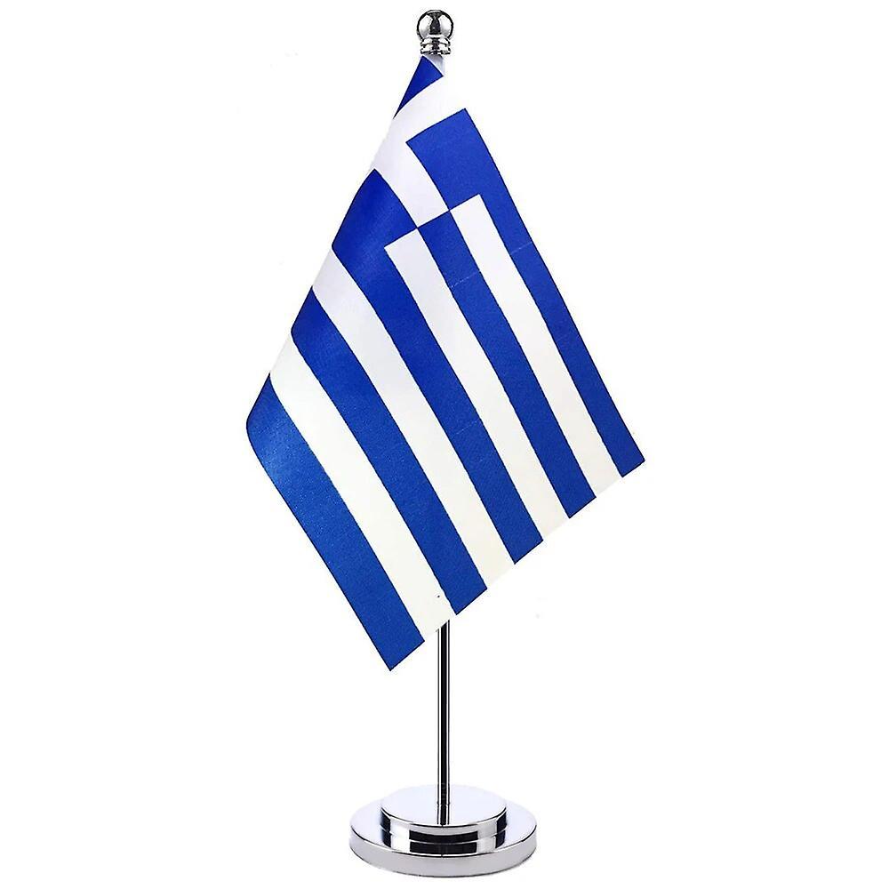 Scitoo 14x21cm Mini Flag Of Greece Banner Meeting Boardroom Table Desk Stand Stainless Steel Pole The Greek Flag National Design Greece Silver Color