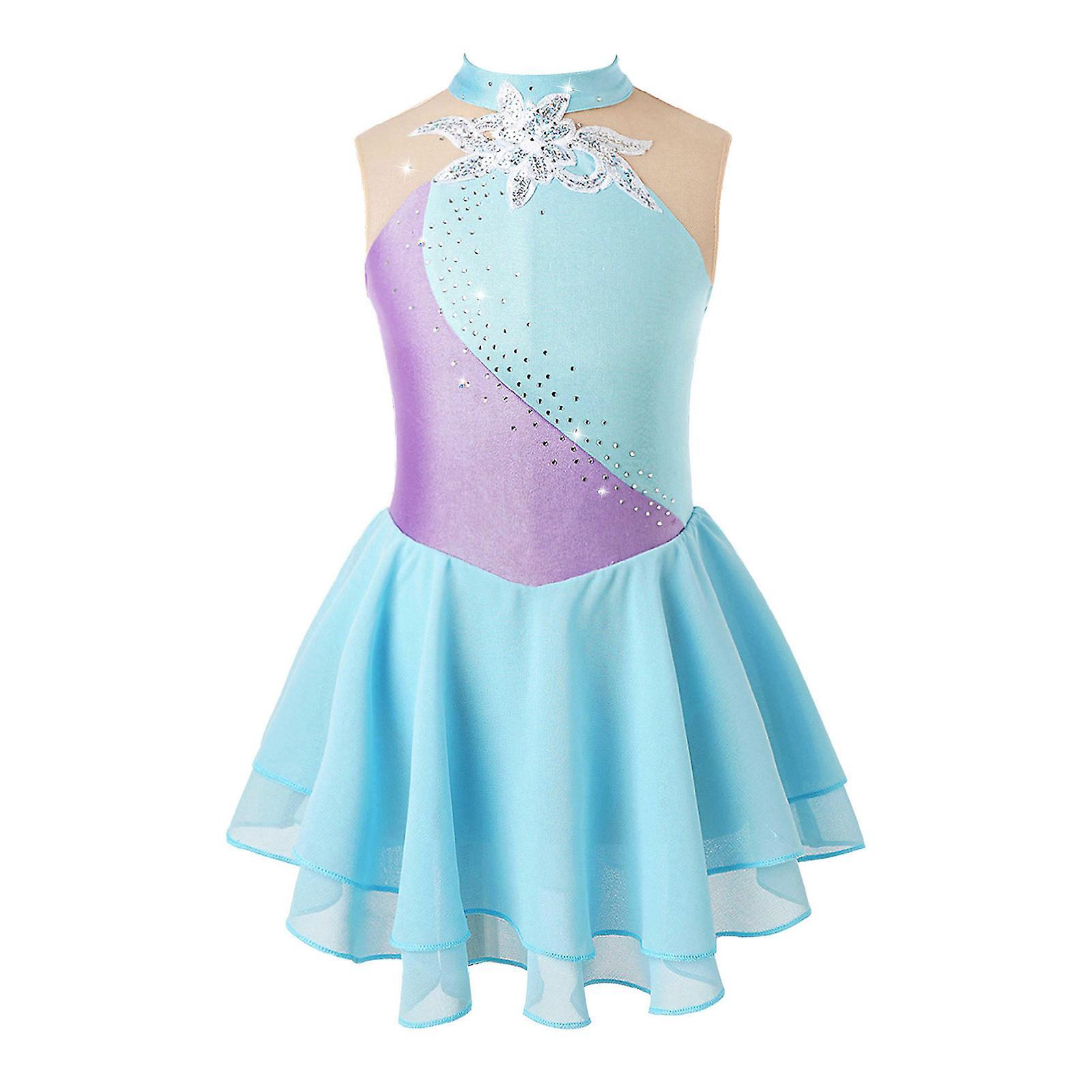 Aionyaaa Kids Girls Ballet Dance Costumes Sparkly Rhinestone Mesh Splice Figure Ice Roller Skating Dress Gymnastics Leotard Dance Dress Light Blue B 6