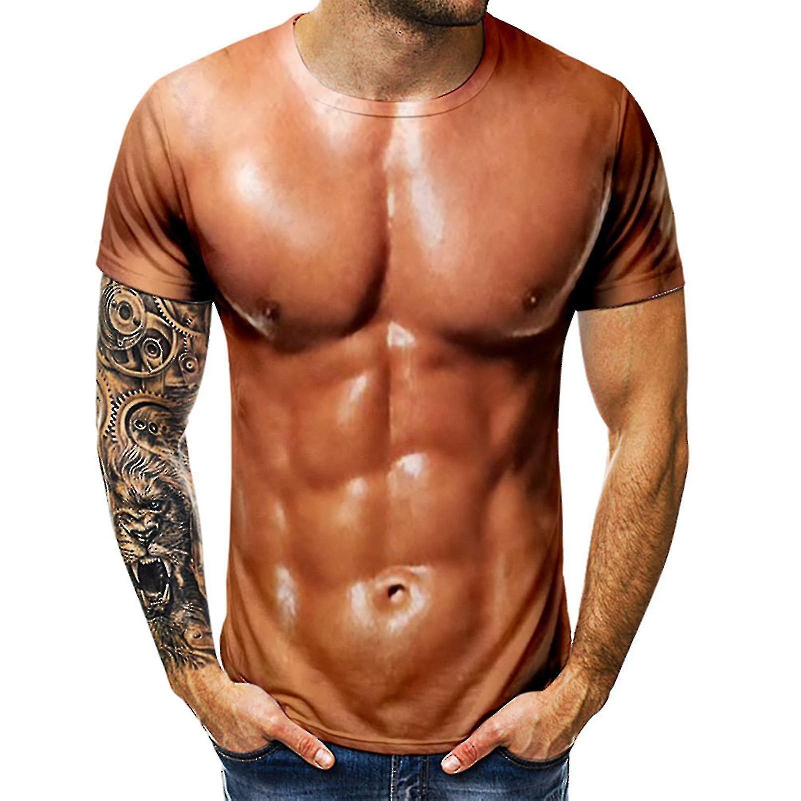 Darmowade Funny 3D Muscle Printed Men's Short Sleeve T-Shirt 3D Print Muscle T-Shirt Summer Tees L